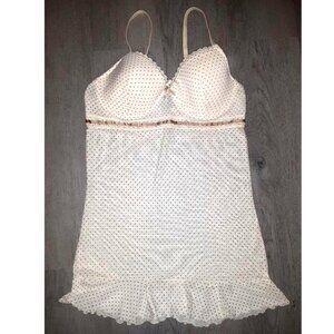 Rampage Cream Beige Polka Dot Lace Babydoll Lingerie Size 36C Mesh Chemise Slip